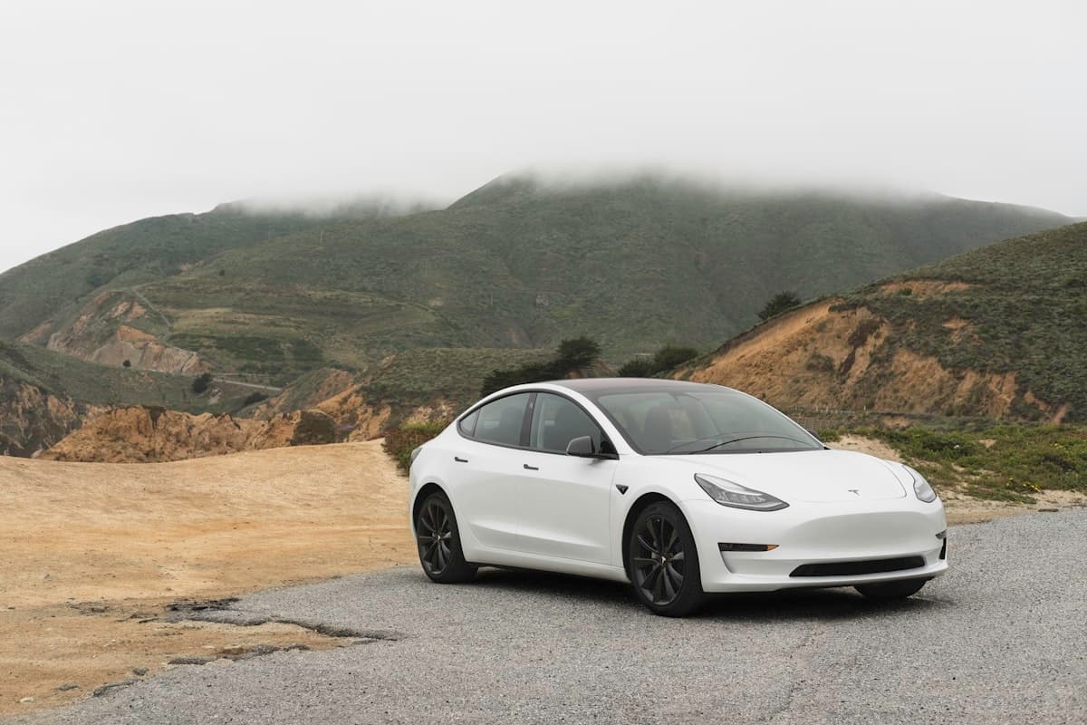 Interior de Tesla Model 3 mostrando la pantalla con Full Self-Driving activado en carretera